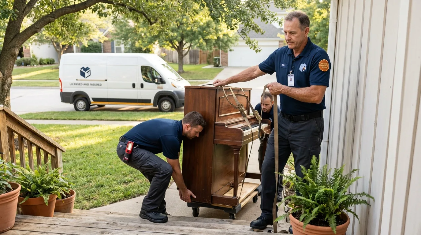 Licensed piano movers securing grand piano in Eupora, MS