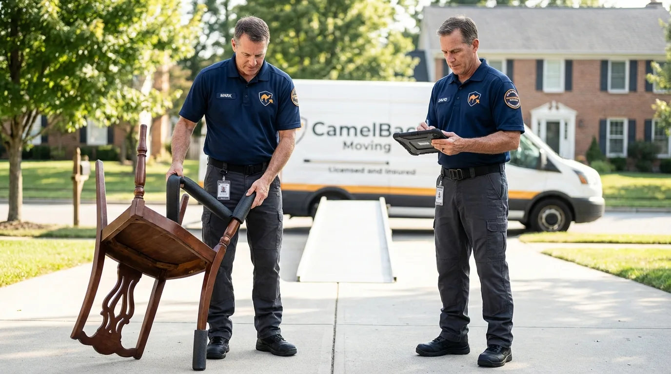 Movers inspecting furniture for damage prevention before loading in Eupora, MS
